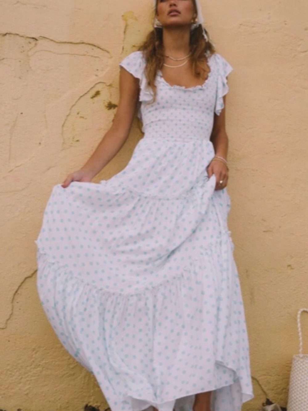 White & Light Blue Floral Maxi Dress - Lightweight Summer Gown